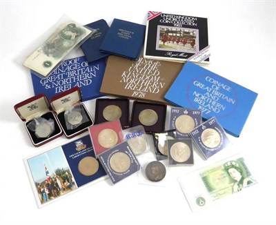 Lot 60 - Miscellaneous Coins & Banknotes comprising: crown 1890 AFIne, 3 x proof sets 1977/78/82 in...