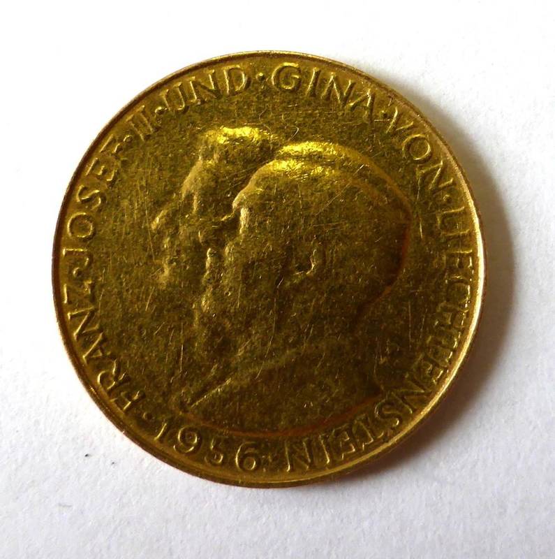 Lot 63 - Liechtenstein, Gold 25 Francs 1956, obv. conjoined busts of Franz-Josef II & Princess Gina,...