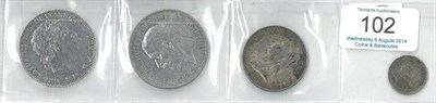 Lot 102 - 4 x English Silver Coins comprising: 2 x crowns: 1819 L1X numerous contact marks & cleaned...