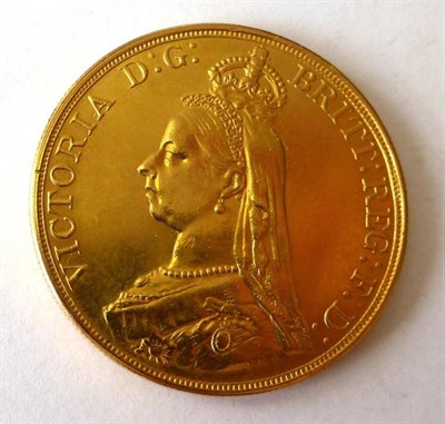 Lot 127 - Gold £5 1887, good edge, trivial contact marks, lustrous VF