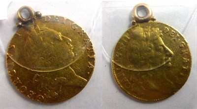 Lot 133 - 2 x Guineas, both with suspension loop soldered to edge at 12 o'clock: Charles II 4th bust,...