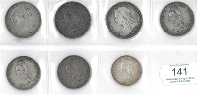 Lot 141 - Victoria, 7 x Silver Coins comprising: 3 x crowns: 1844 VIII star stops, 1889 toned VF & 1894...