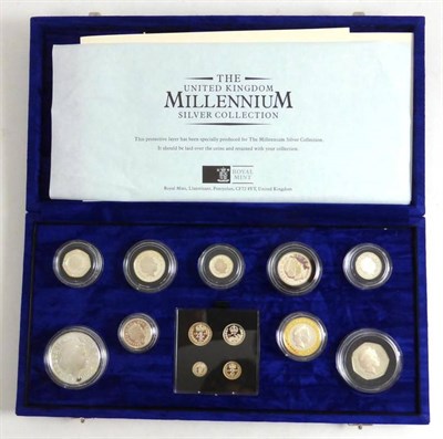 Lot 155 - UK Millennium Silver Collection 2000, 9 x sterling silver proof coins 1p to £5 plus Maundy...