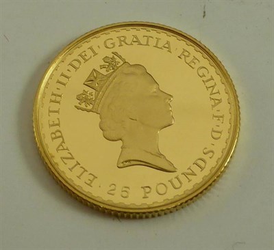 Lot 163 - Britannia Gold Proof £25 1997, ¼ oz. of fine gold, with cert, in CofI, FDC