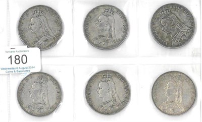 Lot 180 - Victoria, 6 x Jubilee head Crowns: 1887, 1888 narrow date, 1889, 1890, 1891 & 1892; all AFine...