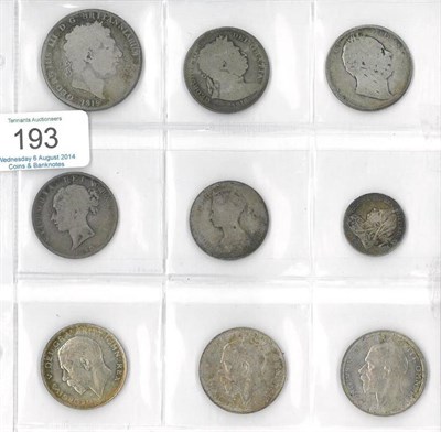 Lot 193 - 9 x English Silver Coins comprising: crown 1819, 3 x halfcrowns: 1816, William IV date worn &...