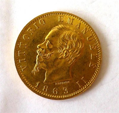 Lot 242 - Italy, Gold 20 Lire 1863, 6.47g, .900 gold, trivial marks/hairlines, VF to GVF