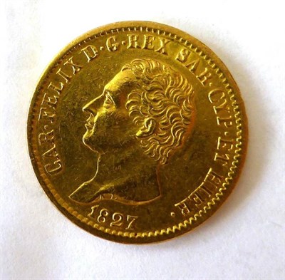 Lot 244 - Kingdom of Sardinia, Gold 20 Lire 1827, 6.43g, .900 gold, obv. bust of Carlo Felice, rev....