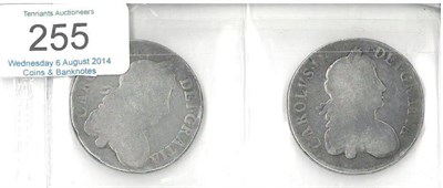 Lot 255 - Charles II, 2 x Crowns: 1666 XVIII, bust worn Poor, rev. centre & lower half of English, Irish...