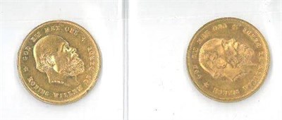 Lot 293 - Netherlands, 2 x Gold 10 guilders: 1877 hairlines & edge bumps o/wise Fine & 1879 VF, both 6.7g...