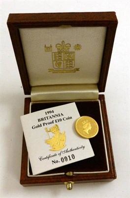 Lot 297 - Britannia Gold Proof £10 (1/10oz) 1994, with cert, in CofI, FDC