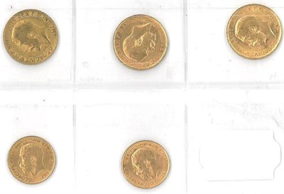 Lot 323 - 3 x Sovereigns: 1911 AFIne, 1912 & 1913 & 2 x half sovereigns: 1911 & 1914, generally AVF to...