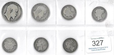 Lot 327 - 7 x Miscellaneous English Silver Coins comprising: halfcrown 1904 VG, florin 1902 VG & 5 x Victoria