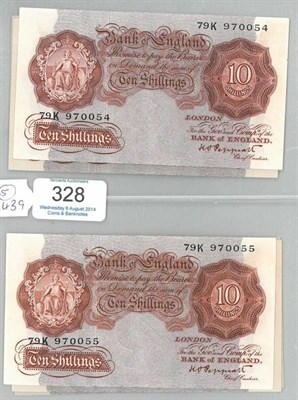 Lot 328 - 6 x Consecutively Numbered 10 Shilling Notes, Peppiatt (Brown), 79K, (Oct 1948) EF or+ & a 10...