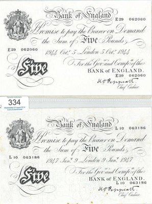 Lot 334 - BofE, 3 x White £5: Peppiatt London 5 Oct 1944 E29 virtually UNC, Peppiatt London 9 Jan...