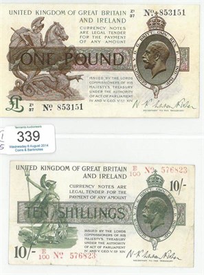 Lot 339 - 2 x Treasury Notes: £1 Warren Fisher 2nd issue Z1/37, light creases o/wise a clean note GVF & 10