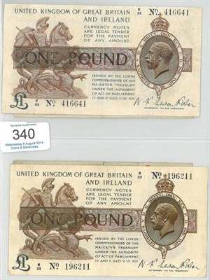 Lot 340 - 4 x Treasury Notes: 2 x £1 Warren Fisher both 1st issue K/88 vertical creases o/wise VF &...