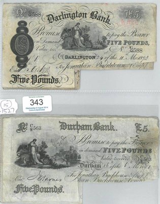 Lot 343 - 5 x 19th Century Provincial Banknotes comprising: Stockton on Tees Bank 2 x £5 1879 & 1895,...