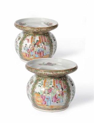 Lot 196 - A Pair of Chinese Export Canton Porcelain Vases,  circa 1880, of pan-necked compressed cushion...