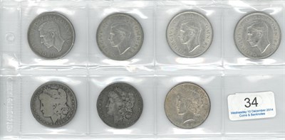 Lot 34 - 4 x Crowns 1937 all with contact marks 1 x Fine & 3 x VF to GVF & USA 3 x silver dollars: 1889o...