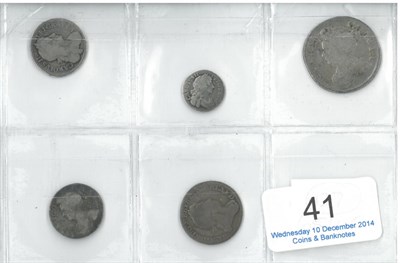 Lot 41 - 5 x Miscellaneous English Silver Coins comprising: Charles II fourpence 1679 Fair to VG,...