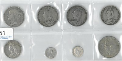 Lot 51 - Victoria, 6 x Silver Coins comprising: 3 x crowns: 1847 X1 sometime cleaned, contact marks,...