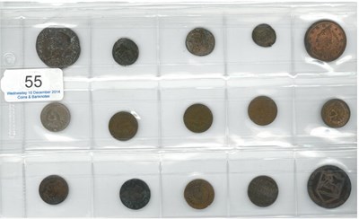 Lot 55 - 15 x Miscellaneous Hammered & Milled Copper/Bronze Coins & Tokens including: Roman Imperial:...