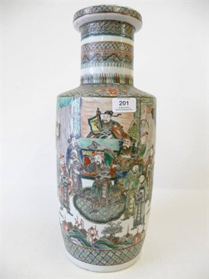 Lot 201 - A Chinese Famille Verte Porcelain Cylinder Vase, circa 1900, the cupped cylindrical neck with bands