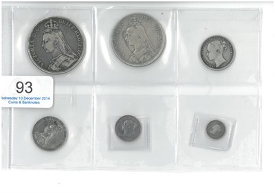 Lot 93 - Victoria, 6 x Miscellaneous Silver Coins comprising: crown 1889 AFine, double florin 1890...