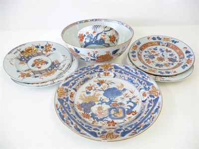 Lot 208 - A Group of Seven Chinese Imari Porcelain Items, circa 1730, comprising circular bowl (26cm...