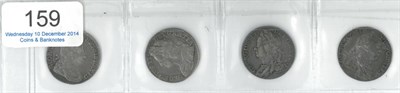 Lot 159 - 4 x Shillings: George I, 1723 SSC, minor flecking AVF to VF, George II 1739 young laureate...