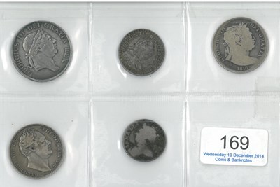 Lot 169 - 5 x Pre-Victoria English Silver Coins comprising: George III bank token 3 shillings 1813 a few...