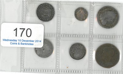 Lot 170 - Charles II, 5 x Silver Coins comprising: hammered twopence, third issue with inner circles &...