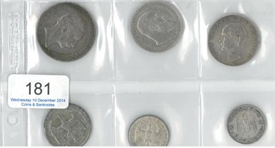 Lot 181 - Germany & German States, 6 x Silver Coins comprising: Prussia 5 marks 1904A, Wurttemberg 3...