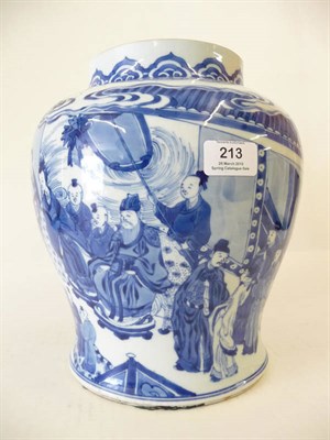 Lot 213 - A Chinese Blue and White Export Porcelain Vase, of squat baluster form, originally with cover,...