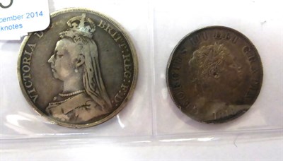 Lot 185 - Victoria Crown 1889, contact marks AFine & George III halfcrown 1818, minor edge imperfections...