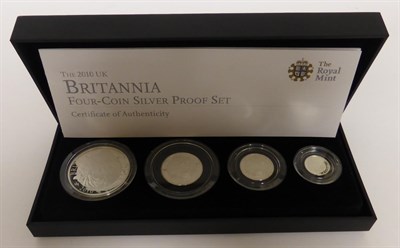 Lot 191 - Britannia 4-Coin Silver Proof Set 2010 comprising £2, £1, 50p & 20p, with cert, in CofI, FDC