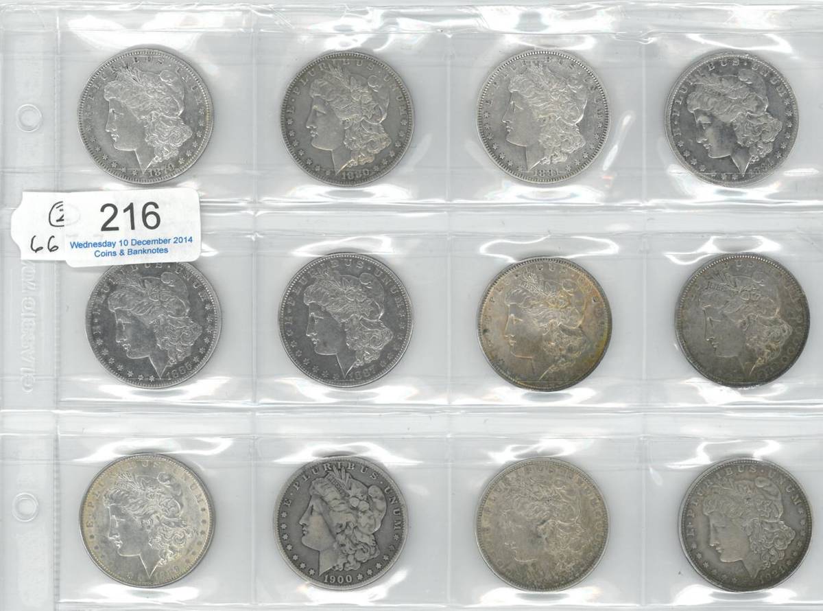 Lot 216 - USA, 12 x 'Morgan' Silver Dollars comprising: 1879s, 1880o, 1881, 1884o cleaned, 1885 cleaned, 1887