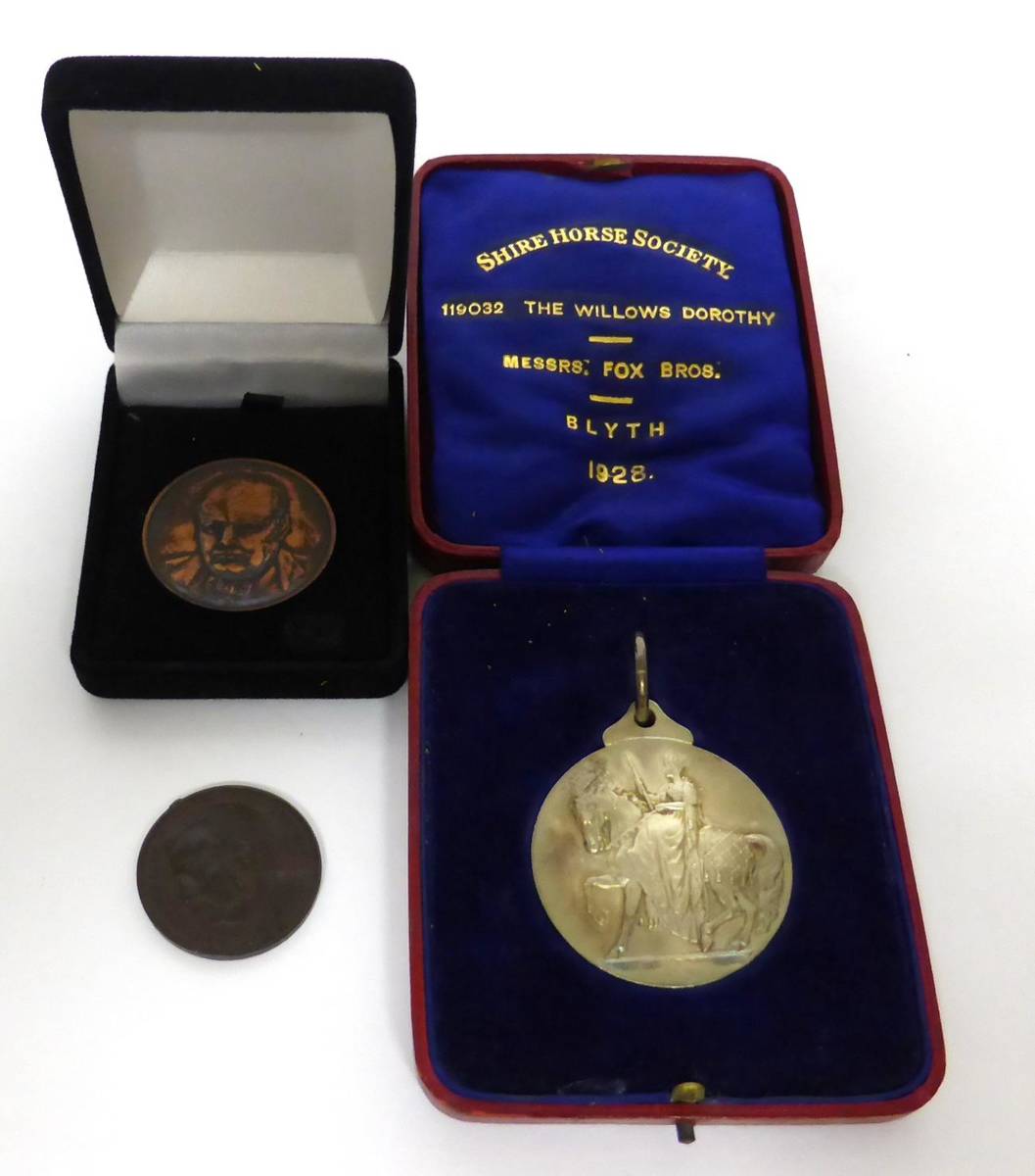 Lot 356 - Silver Medal 'The Shire Horse Society' by Mappin & Webb, obv. 2 x shire horses, rev. female...