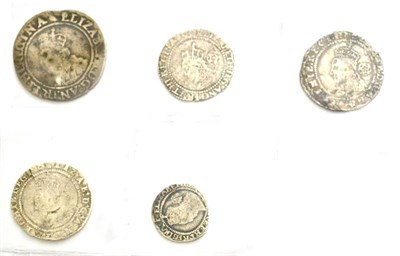 Lot 5 - Elizabeth I, 5 x Silver Coins comprising: shilling 2nd issue, MM martlet, bust 3C, contact...