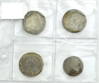 Lot 12 - 3 x Shillings: 1745 LIMA GFine, 1758 VF & 1787 no hearts, patchy tone & minor marks AVF,...