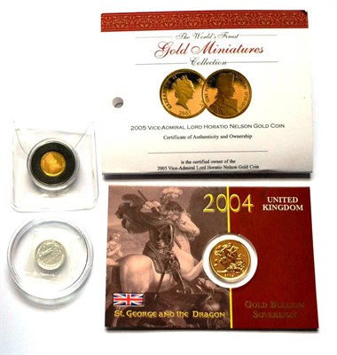 Lot 46 - Sovereign 2004, sealed in a RM presentation card BU, Alderney gold proof miniature £1 2005...