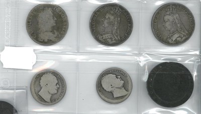 Lot 54 - Miscellaneous English Silver Coins comprising: Charles II crown 1671 V.TERTIO, very worn Poor...