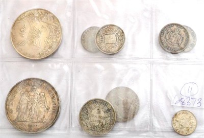 Lot 82 - 10 x Foreign Silver Coins comprising: France 50 francs 1977 GEF, 2 francs 1873A, 50 centimes 1865A