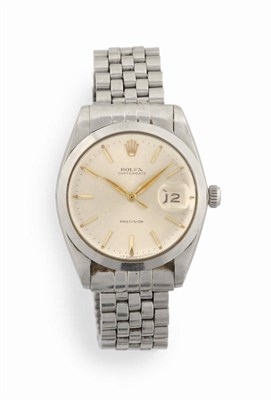 Lot 249 - A Stainless Steel Calendar Centre Seconds Wristwatch, signed Rolex, Oysterdate, Precision, Ref:...