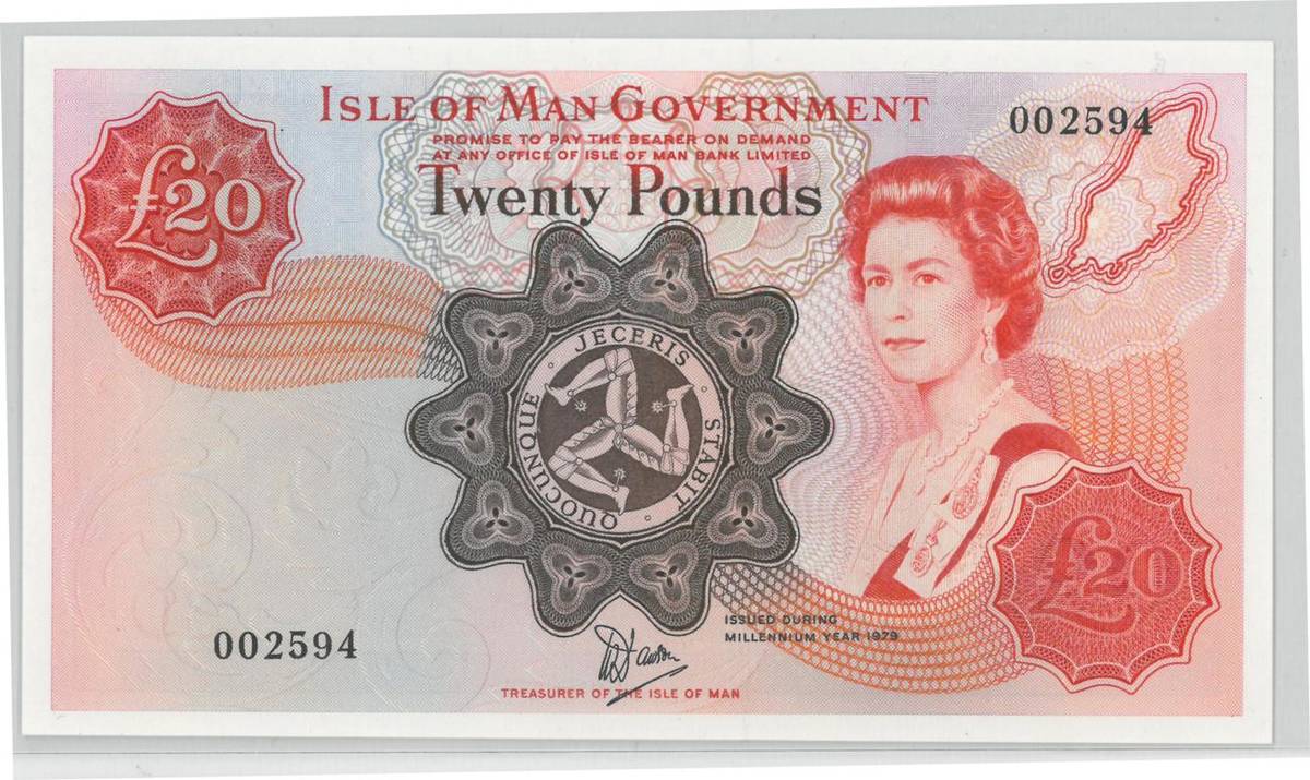 Lot 211 - Isle of Man Commemorative £20 (1979 issue) Dawson, no prefix letter 002594, 'ISSUED DURING...