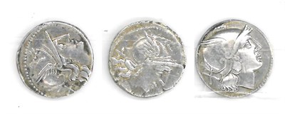 Lot 45 - Roman Republic, 3 x Silver Denarii comprising: (1) C. Scribonius  (154BC), obv. helmeted head...