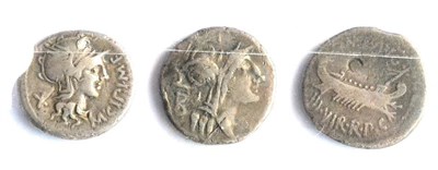 Lot 56 - Roman Republic, 2 x Silver Denarii: (1) M.Cipius M f (115-114BC) obv. helmeted head of Roma, X...