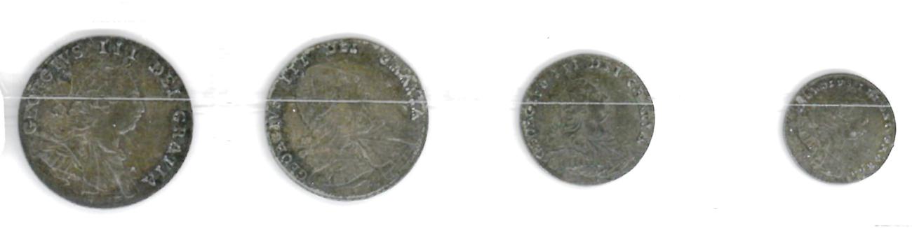 Lot 72 - George III, Maundy Set 1792, 4d, 3d, 2d & 1d 'Wire Money', matching grey tone with underlying...