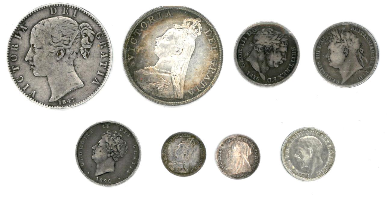 Lot 99 - 7 x 19th Century English Silver Coins comprising: crown 1847 X1 contact marks, minor edge...